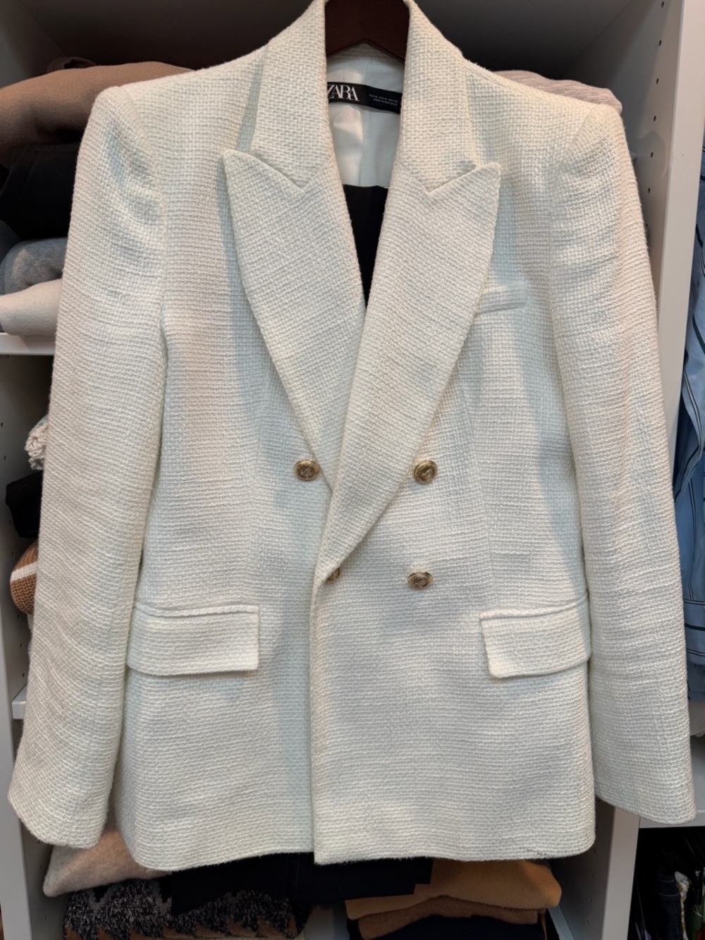 ZARA Cream Textured Double-Breasted Blazer with Gold Buttons